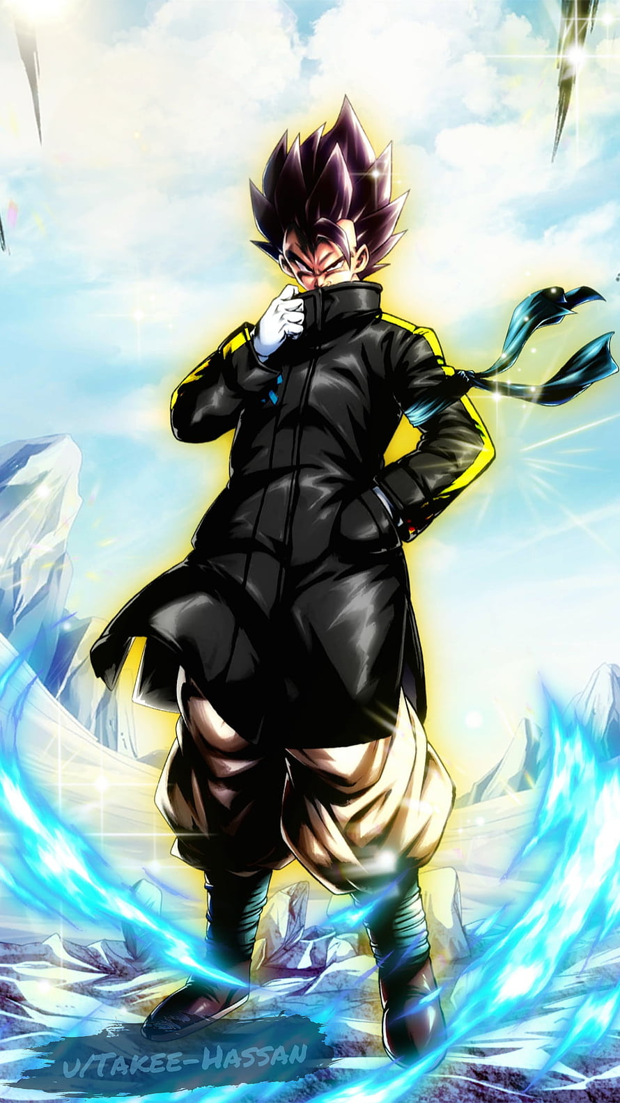 Gogeta in Black Coat with Blue Energy Aura and Spiky Hair HD phone wallpaper