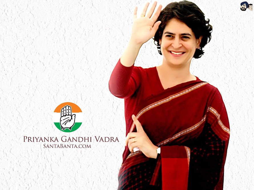 Priyanka Gandhi Vadra Waving in Red Saree with Congress Party Hand Symbol HD wallpaper
