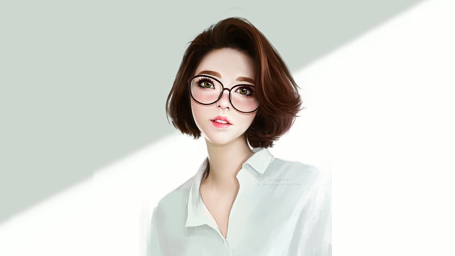 Digital Portrait of a Young Woman with Short Brown Hair and Round Glasses, Cute, beautiful woman, brunette, short hair, glasses HD wallpaper