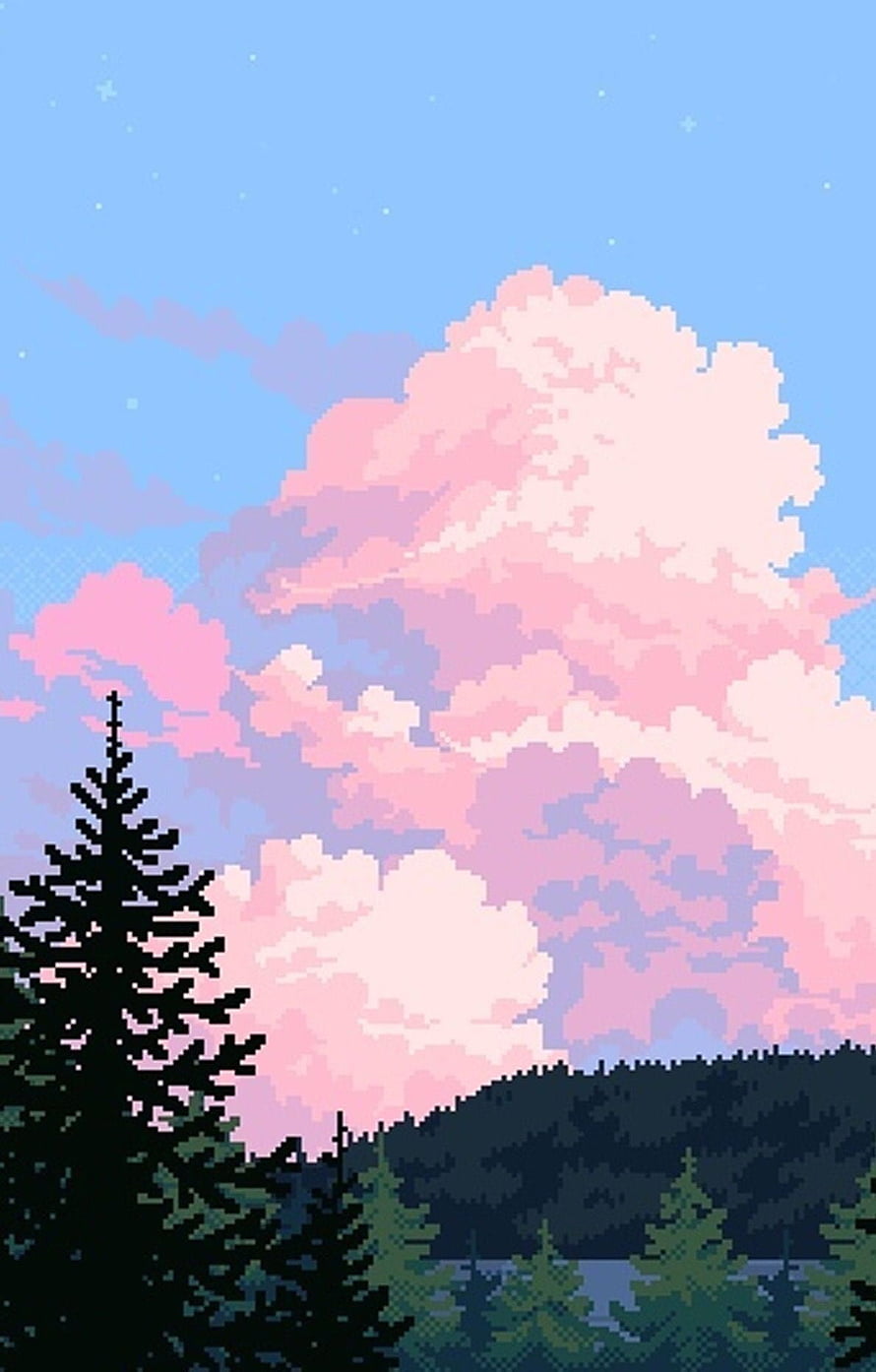 Pixel Art Pink Clouds Over Pine Forest Landscape HD phone wallpaper