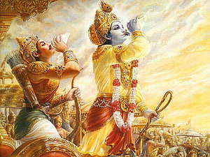 Krishna and Arjuna on the Battlefield of Kurukshetra from the Mahabharata HD wallpaper