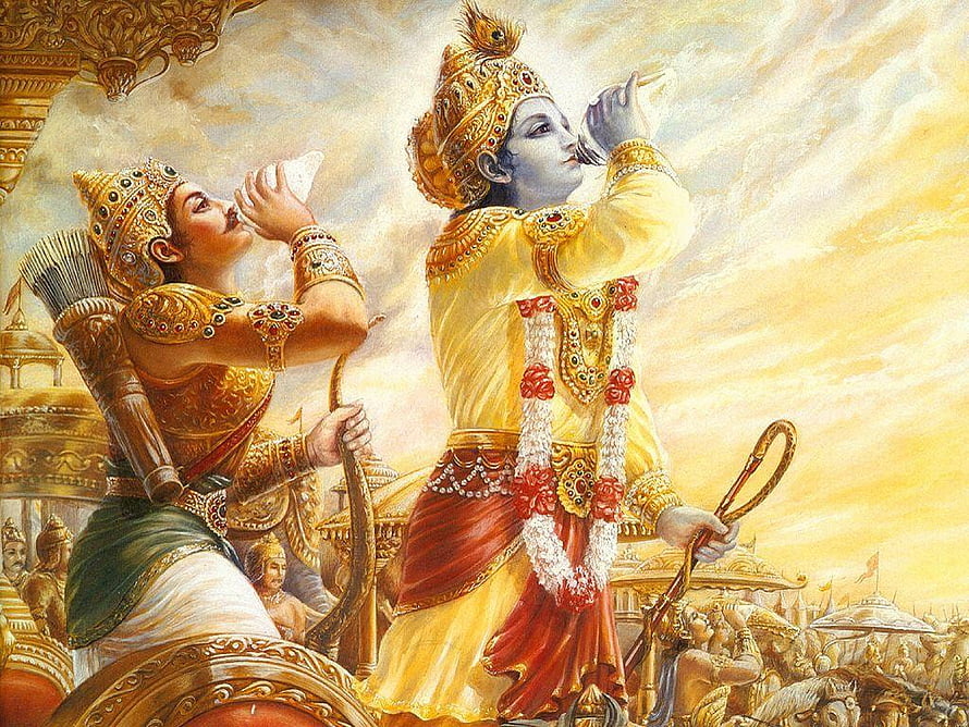 Krishna and Arjuna on the Battlefield of Kurukshetra from the Mahabharata HD wallpaper