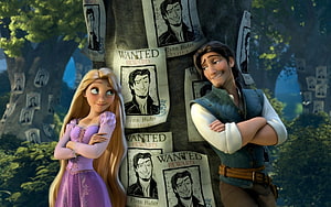 Rapunzel and Flynn Rider standing together in the enchanted forest from Tangled HD wallpaper