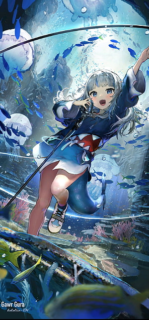Gawr Gura Hololive EN Anime Illustration Singing Underwater with Microphone and Shark Tail HD phone wallpaper
