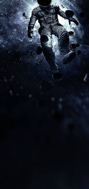 Astronaut Floating in Deep Space Amidst Asteroids and Starlight HD phone wallpaper