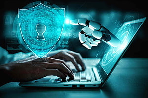 Artificial Intelligence Cybersecurity Concept with Robotic Hand and Digital Shield HD wallpaper