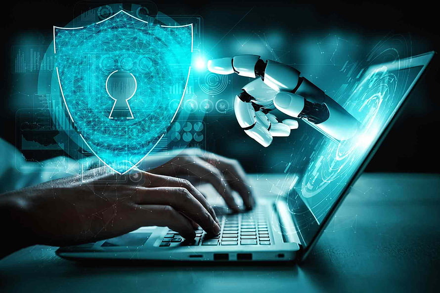 Artificial Intelligence Cybersecurity Concept with Robotic Hand and Digital Shield HD wallpaper