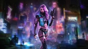 Cyberpunk Woman with Purple Hair and Pistol in Neon City, Cyberpunk, tattoo on body, girl with guns HD wallpaper