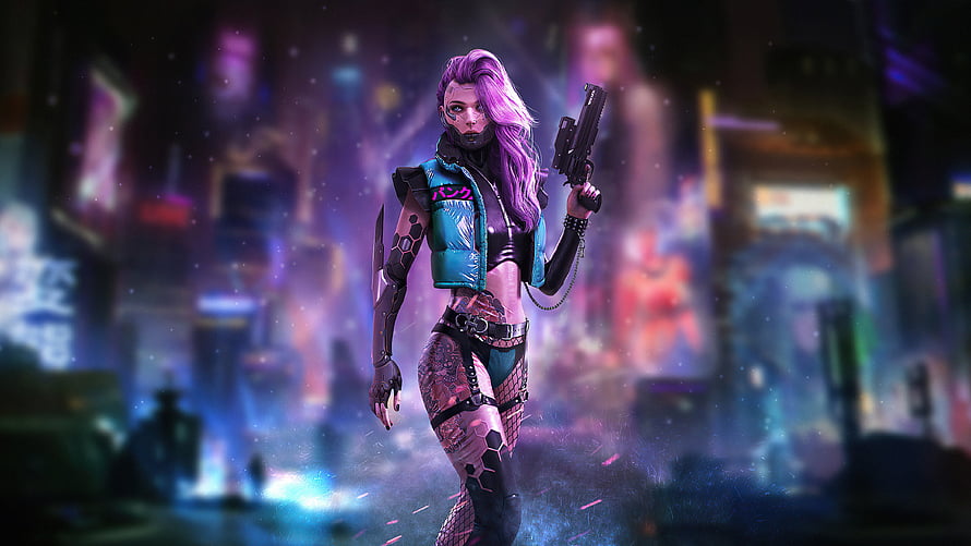 Cyberpunk Woman with Purple Hair and Pistol in Neon City, Cyberpunk, tattoo on body, girl with guns HD wallpaper
