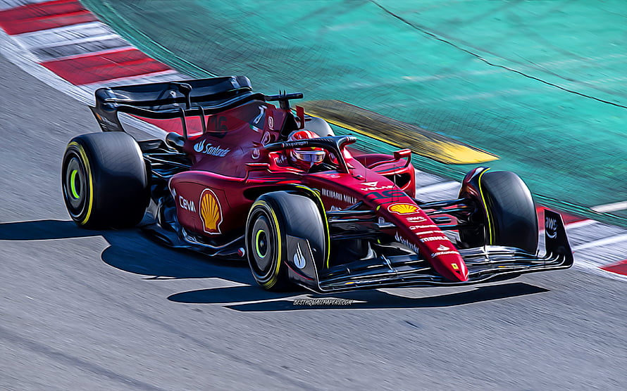 Scuderia Ferrari F1-75 race car speeding on track with Charles Leclerc in stylized vector art HD wallpaper