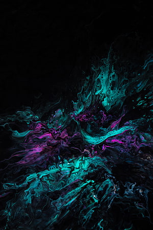 Abstract Fluid Art with Neon Teal and Purple Swirls on Black Background HD phone wallpaper