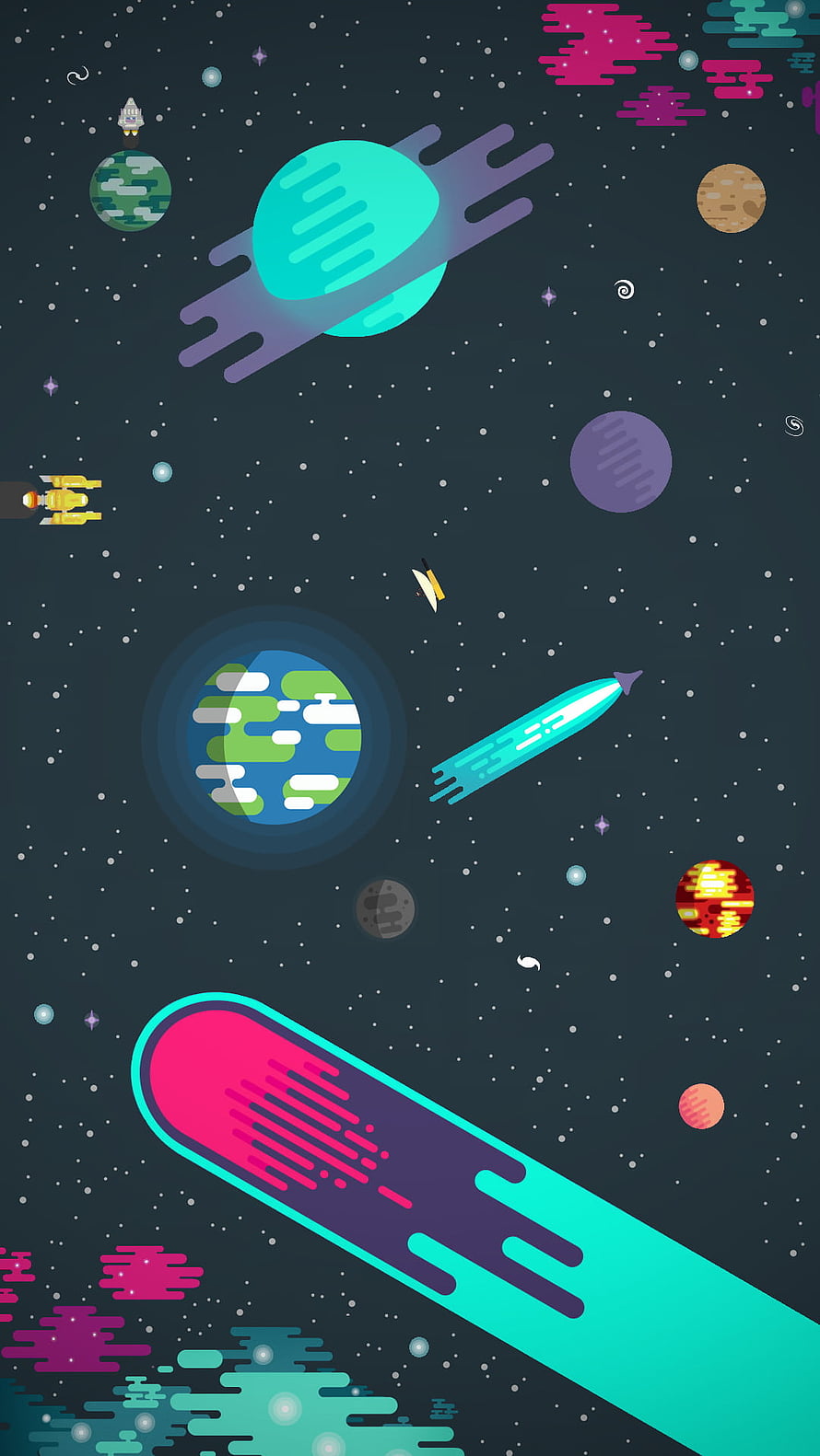 Kurzgesagt Style Space Illustration with Planets, Rockets, and Glitch Art Elements HD phone wallpaper