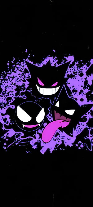 Gengar, Gastly, and Haunter Silhouette Art with Purple Smoke HD phone wallpaper