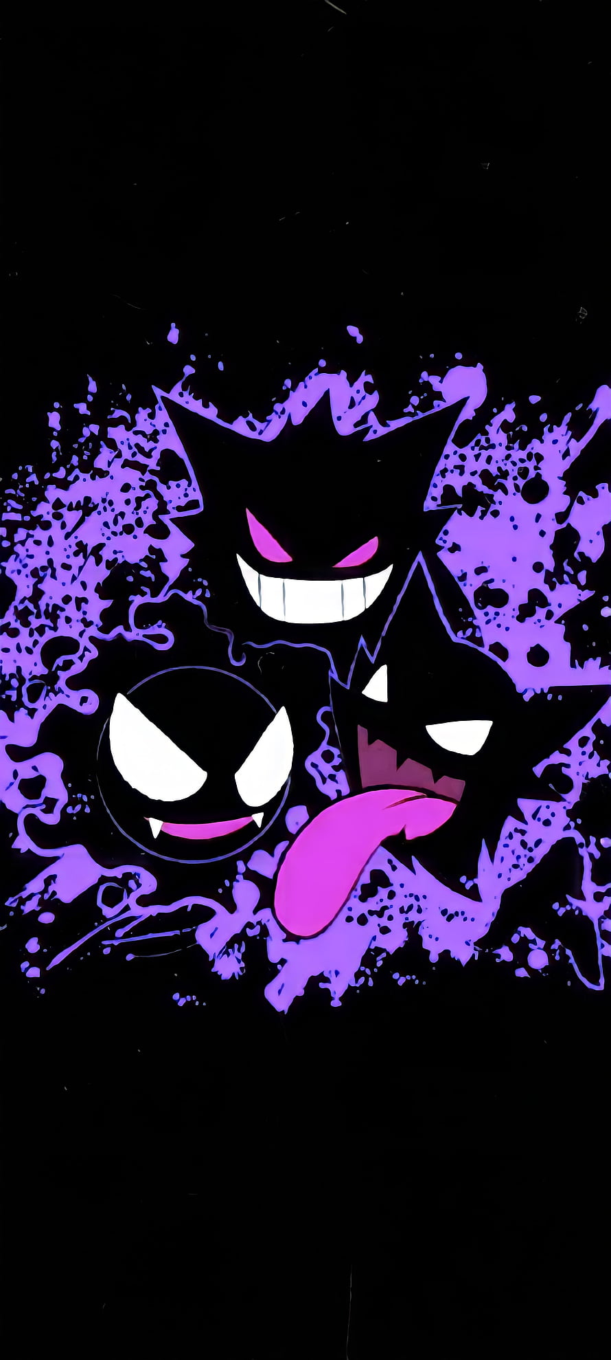 Gengar, Gastly, and Haunter Silhouette Art with Purple Smoke HD phone wallpaper