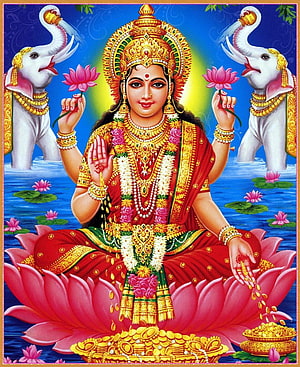 Goddess Lakshmi Sitting on Lotus with Elephants Pouring Water and Gold Coins HD phone wallpaper