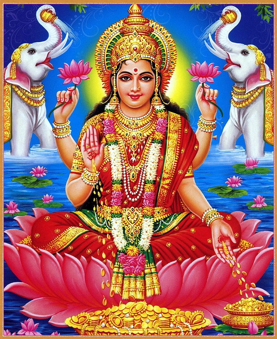 Goddess Lakshmi Sitting on Lotus with Elephants Pouring Water and Gold Coins HD phone wallpaper