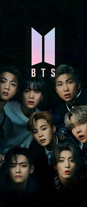 BTS K-pop group members portrait with logo on dark background HD phone wallpaper