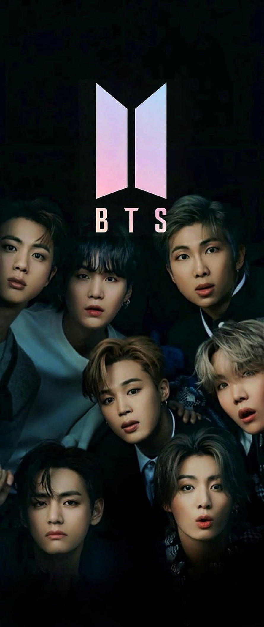 BTS K-pop group members portrait with logo on dark background HD phone wallpaper