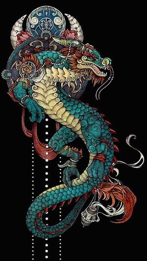 Intricate Japanese Dragon Illustration with Ornate Shield and Teal Scales on Black Background HD phone wallpaper