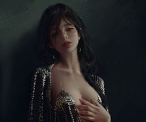 Glamorous Woman in Sparkling Gold Sequin Dress with Dark Hair and Green Eyes, Princess, wlop, art, dark, fantasy HD wallpaper