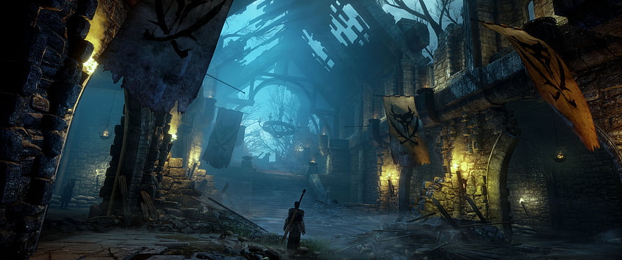 Dark Souls Ruined Cathedral Interior with Lone Warrior and Tattered Banners HD wallpaper