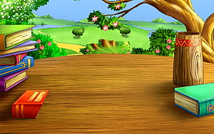 Colorful Cartoon Study Scene with Stacked Books and Wooden Desk in a Garden HD wallpaper
