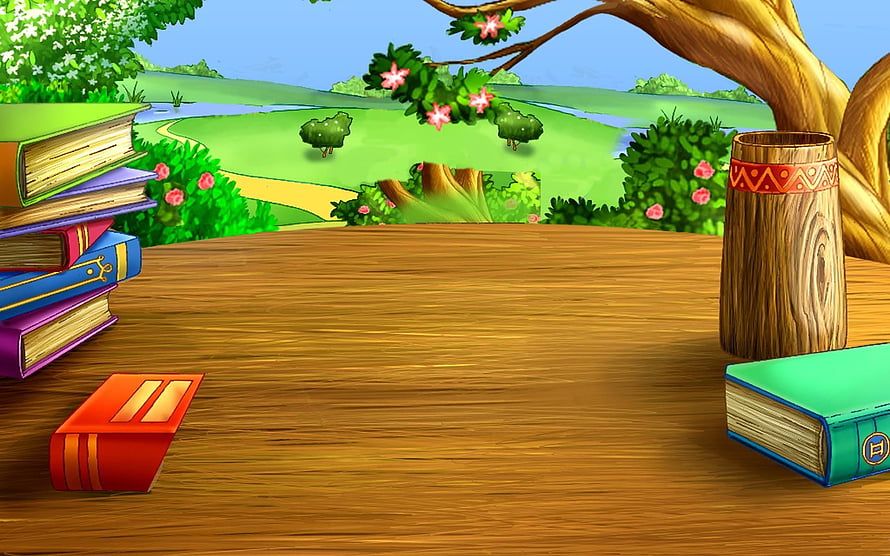 Colorful Cartoon Study Scene with Stacked Books and Wooden Desk in a Garden HD wallpaper