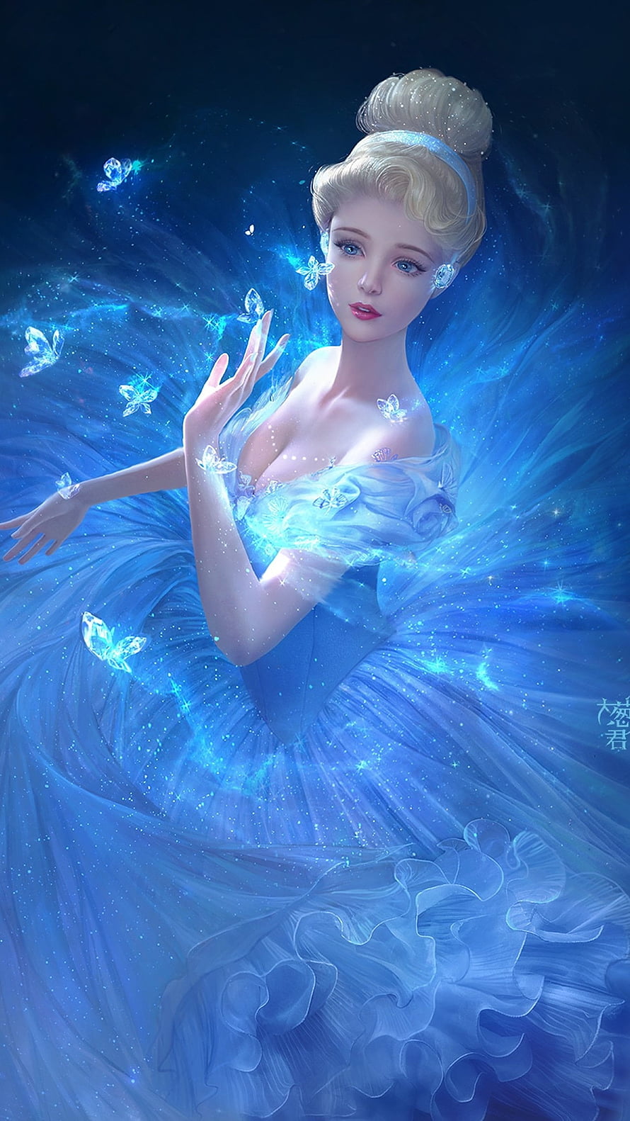 Cinderella in a Glowing Blue Ballgown Surrounded by Luminous Butterflies HD phone wallpaper