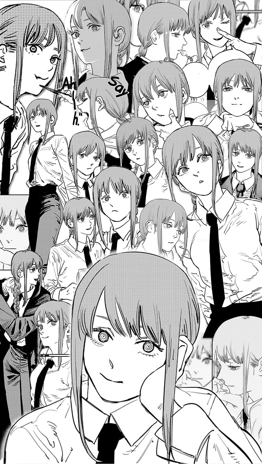 Makima from Chainsaw Man manga collage featuring multiple expressions and poses in black and white, Makima, Makima Chainsaw Man HD phone wallpaper