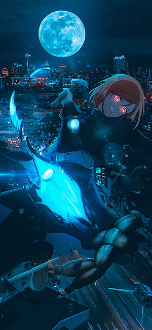 Bulenha Anime Character Riding Glowing Blue Motorcycle Under Full Moon City Night HD phone wallpaper