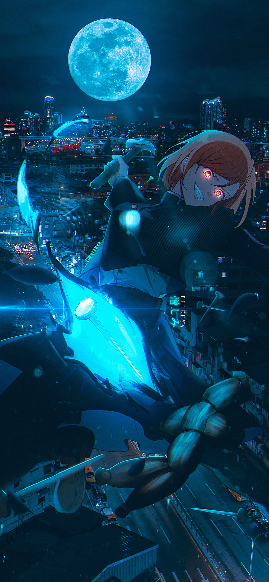 Bulenha Anime Character Riding Glowing Blue Motorcycle Under Full Moon City Night HD phone wallpaper