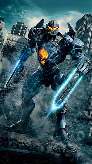Gipsy Danger Titan Wielding Plasma Blades Amidst Urban Destruction in Pacific Rim HD phone wallpaper