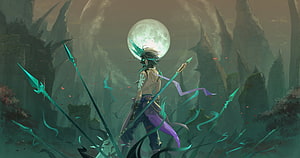 Fantasy warrior with glowing teal spears standing in a mystical forest under a full moon HD wallpaper