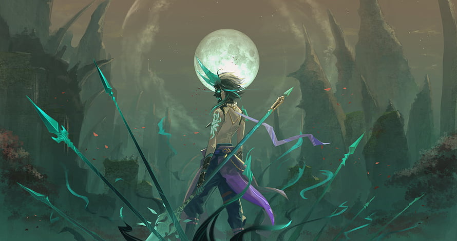 Fantasy warrior with glowing teal spears standing in a mystical forest under a full moon HD wallpaper