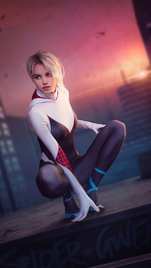 Spider-Gwen Crouching on Rooftop at Sunset in White and Black Suit HD phone wallpaper