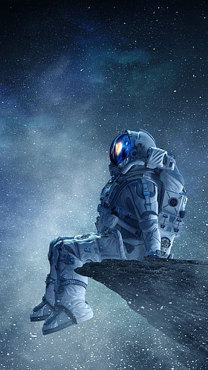 Astronaut Sitting on Asteroid Edge Gazing at Starry Nebula Space Wallpaper HD phone wallpaper