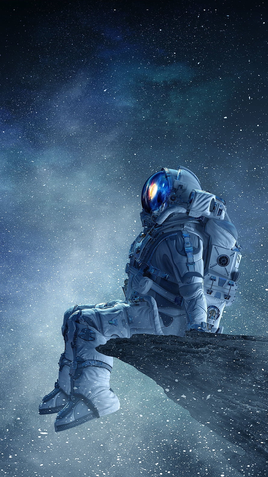 Astronaut Sitting on Asteroid Edge Gazing at Starry Nebula Space Wallpaper HD phone wallpaper