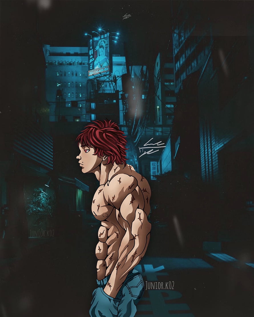 Baki Hanma Anime Character Standing in a Dark Neon-Lit City Street at Night HD phone wallpaper