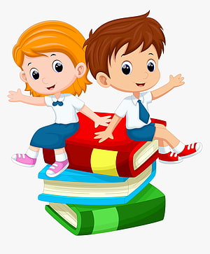 Cute cartoon boy and girl students sitting on a stack of colorful books HD phone wallpaper