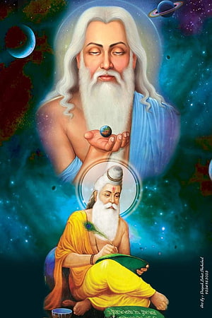 Sage Valmiki Cosmic Creator Artwork with Planets and Divine Aura HD phone wallpaper