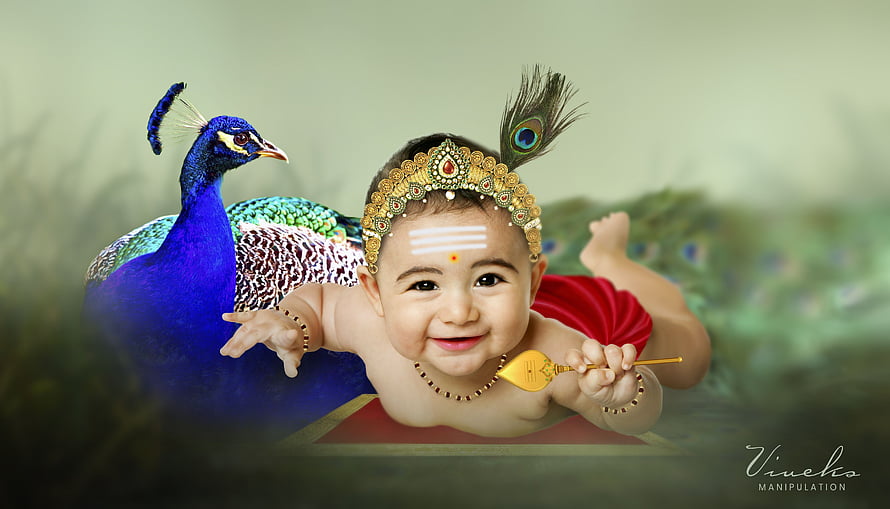 Baby Murugan with Peacock and Vel in Traditional Attire HD wallpaper