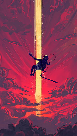 Silhouette of a diver falling through a glowing golden beam in a surreal red abyss HD phone wallpaper