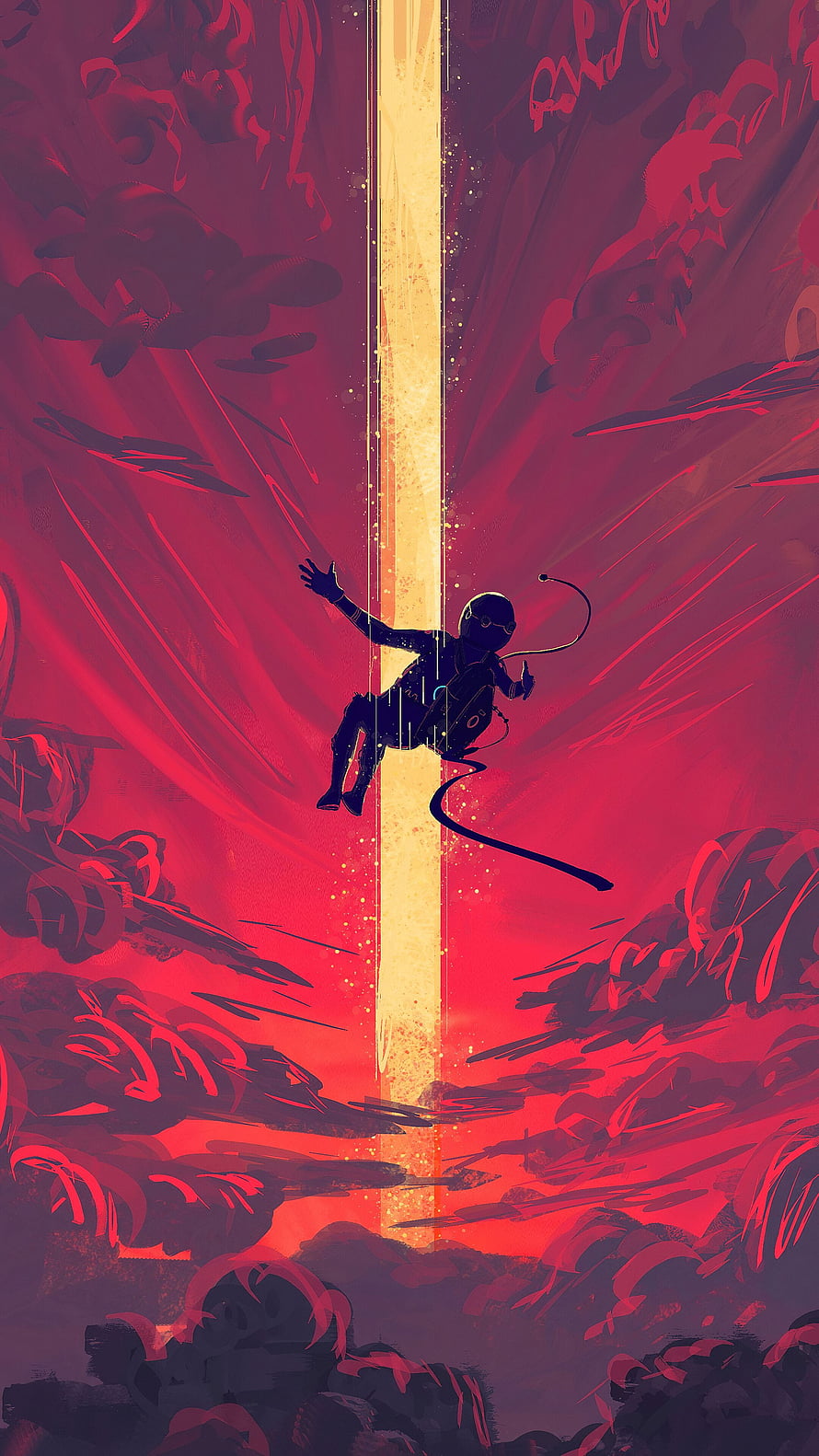 Silhouette of a diver falling through a glowing golden beam in a surreal red abyss HD phone wallpaper