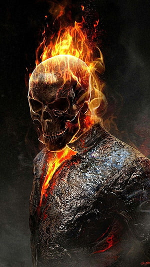 Ghost Rider Fiery Skull and Burning Torso in Dark Digital Art HD phone wallpaper