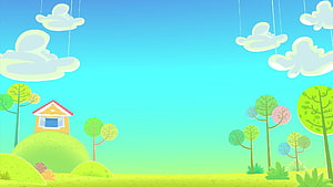 Mundo Bita Cartoon Landscape with Colorful Trees and Small House on Green Hills HD wallpaper