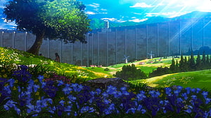 Attack on Titan Wall Rose and Sina Landscape with Blue Flowers HD wallpaper