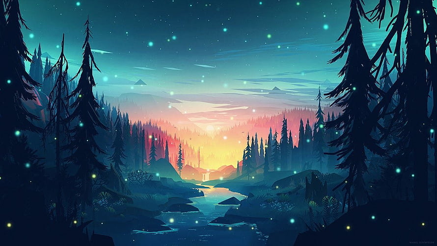 Stylized Forest Landscape at Dusk with Glowing Fireflies and a Winding River HD wallpaper