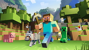 Minecraft Steve Running Through Blocky Forest With Wolf, Creeper, and Pig HD wallpaper