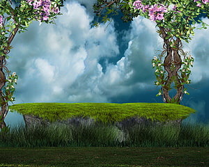 Surreal Floating Grass Island Framed by Blossoming Vines and Dramatic Clouds HD wallpaper