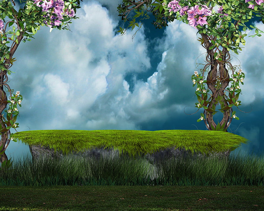 Surreal Floating Grass Island Framed by Blossoming Vines and Dramatic Clouds HD wallpaper